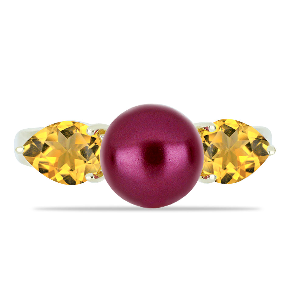 Anillo de Plata Bañada en Oro con Perla Púrpura de Agua dulce y Citrino de los Montes Urales 1 