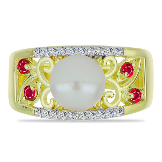 Anillo de Plata Bañada en Oro con Perla de Agua Dulce y Rubí de Madagascar