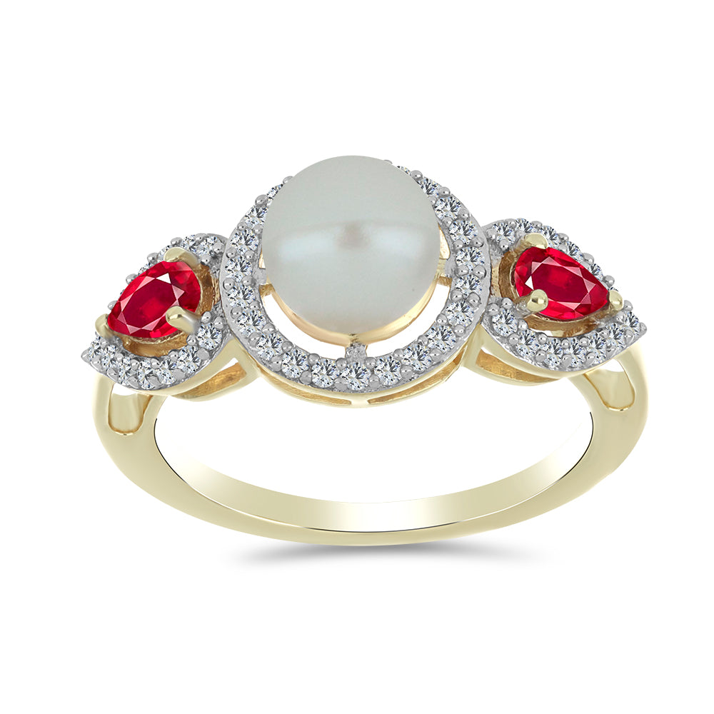 Anillo de Plata Bañada en Oro con Perla de Agua Dulce y Rubí de Madagascar