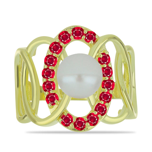 Anillo de Plata Bañada en Oro con Perla de Agua Dulce y Rubí de Madagascar