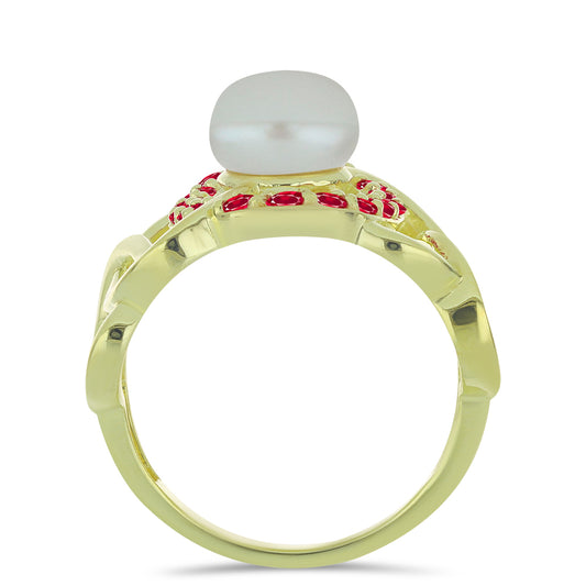 Anillo de Plata Bañada en Oro con Perla de Agua Dulce y Rubí de Madagascar