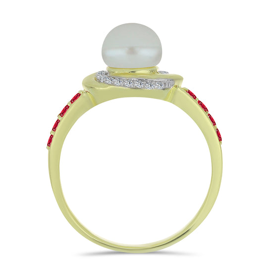 Anillo de Plata Bañada en Oro con Perla de Agua Dulce y Rubí de Madagascar