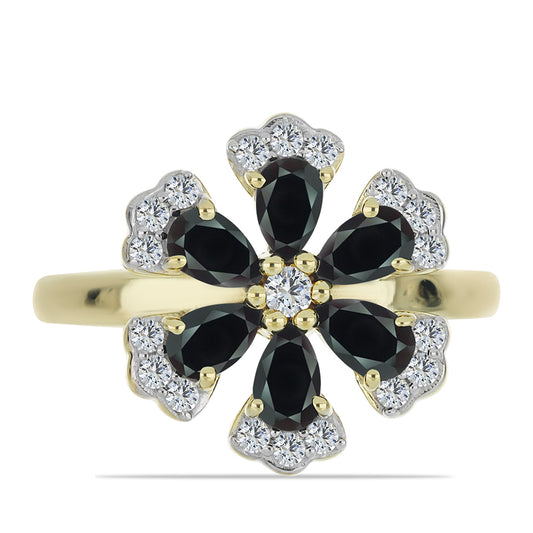 Anillo de Plata Bañada en Oro con Obsidiana y Topacio Blanco