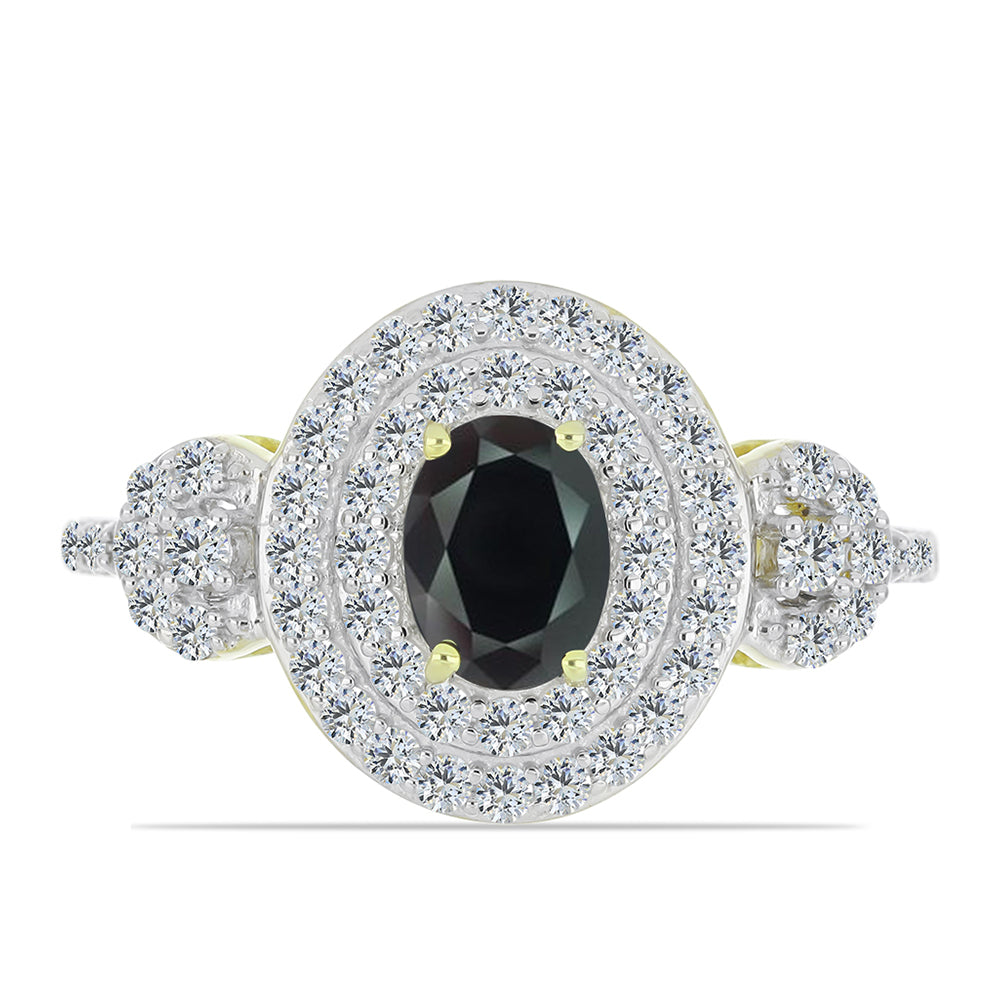 Anillo de Plata Bañada en Oro con Obsidiana y Topacio Blanco