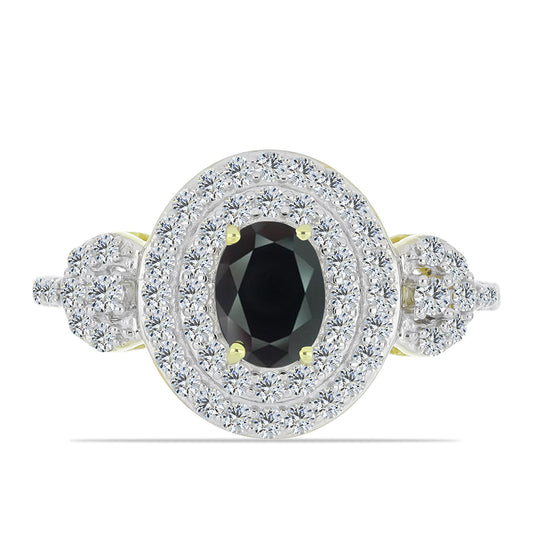 Anillo de Plata Bañada en Oro con Obsidiana y Topacio Blanco