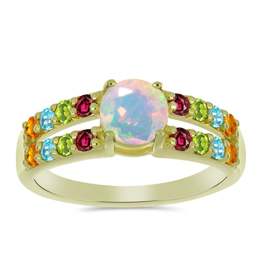 Anillo de Plata Bañada en Oro con Ópalo Welo y Chakra Turmalina