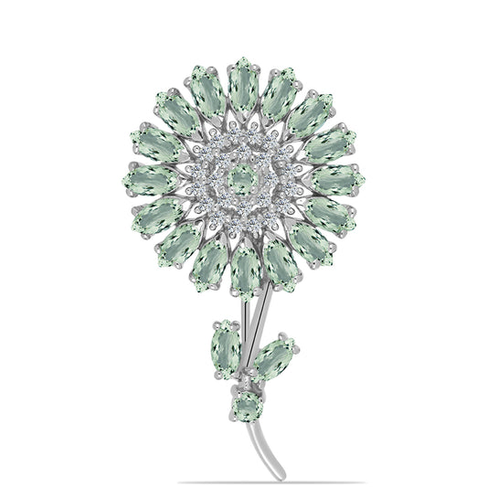 Broche de Plata con Amatista Verde y Topacio Blanco