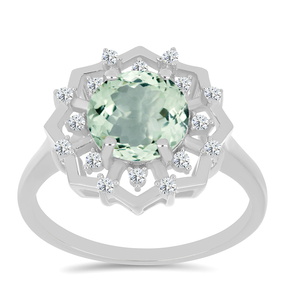Anillo de Plata con Amatista Verde y Topacio Blanco