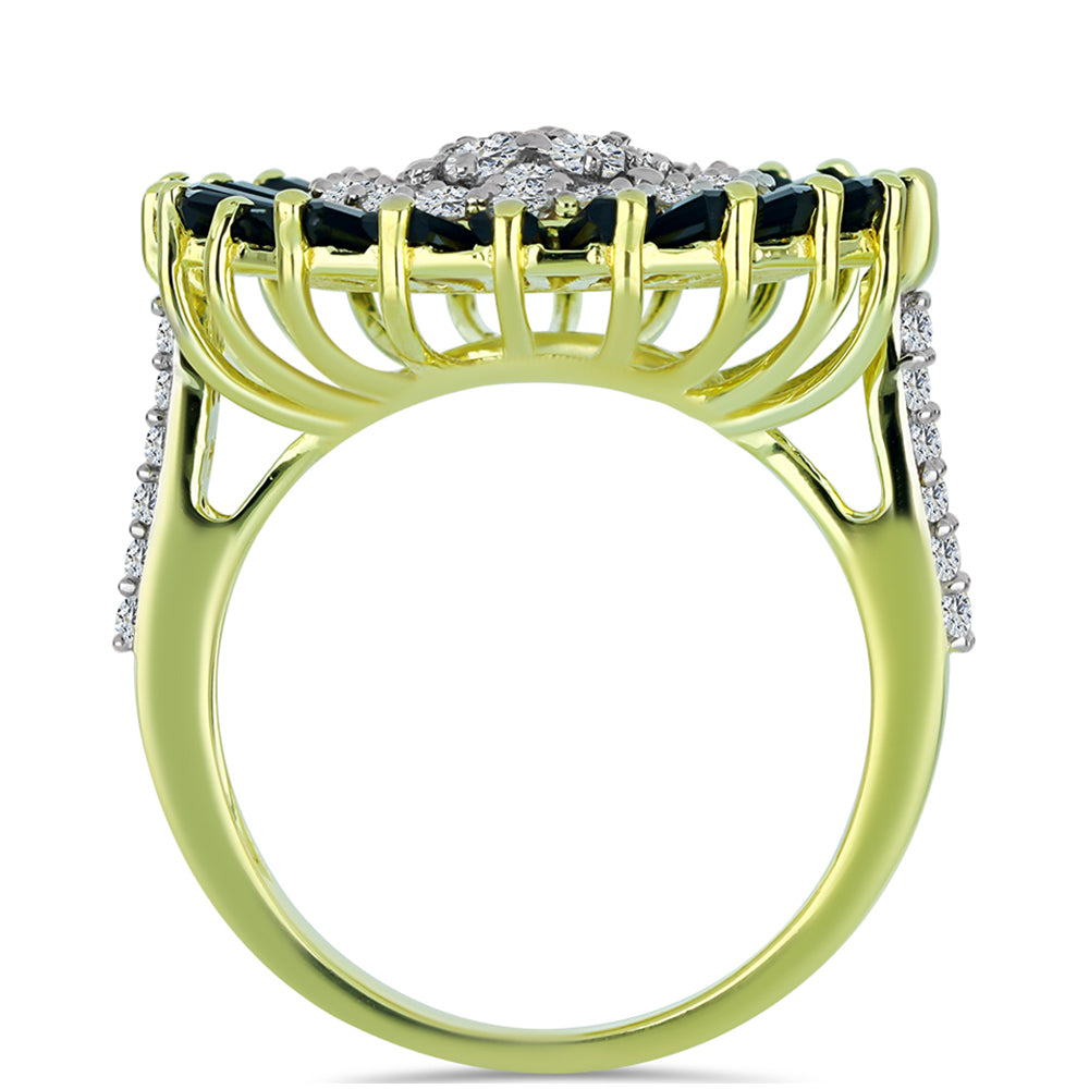Anillo de Plata Bañada en Oro con Obsidiana y Topacio Blanco