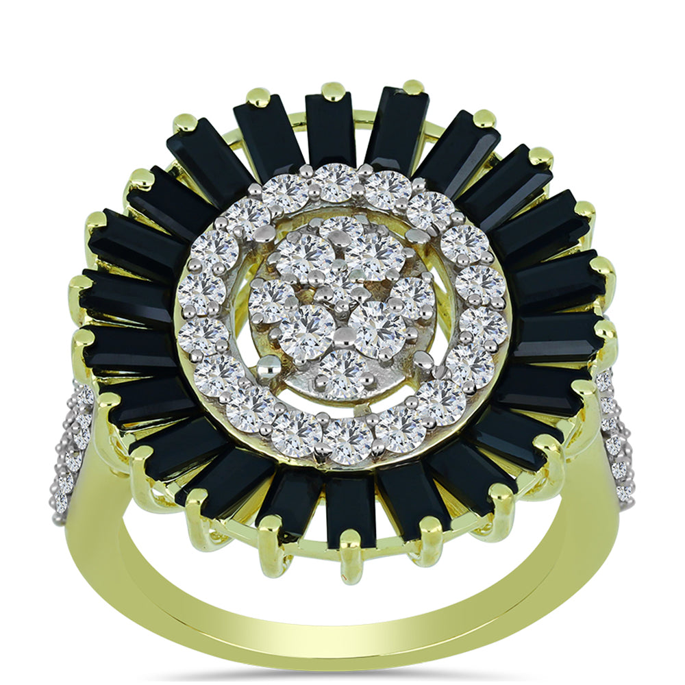 Anillo de Plata Bañada en Oro con Obsidiana y Topacio Blanco 3 