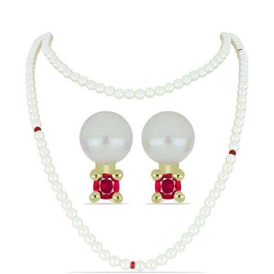 Conjunto de Plata Bañada en Oro con Perla de Agua Dulce y Rubí de Madagascar ( Collar +Pendientes )