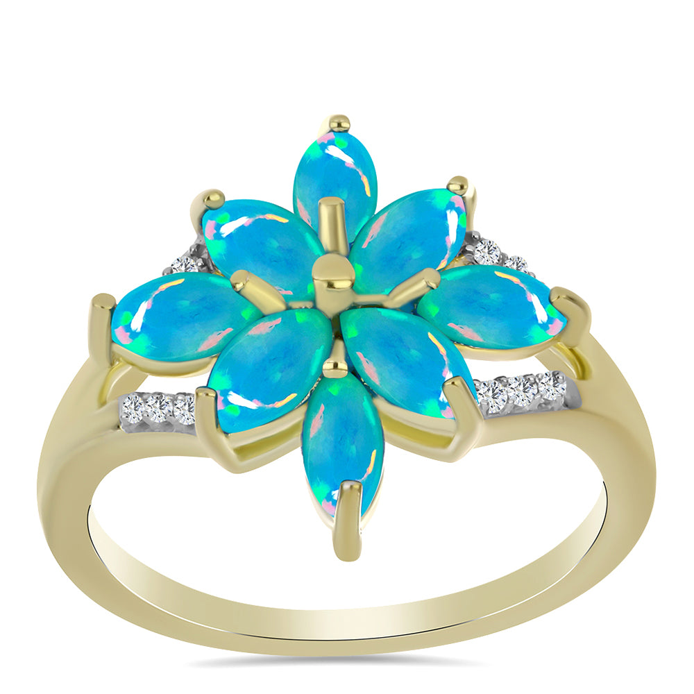 Anillo de Plata Bañada en Oro con Ópalo Azul Paraiba de Etiopía y Topacio Blanco 3 