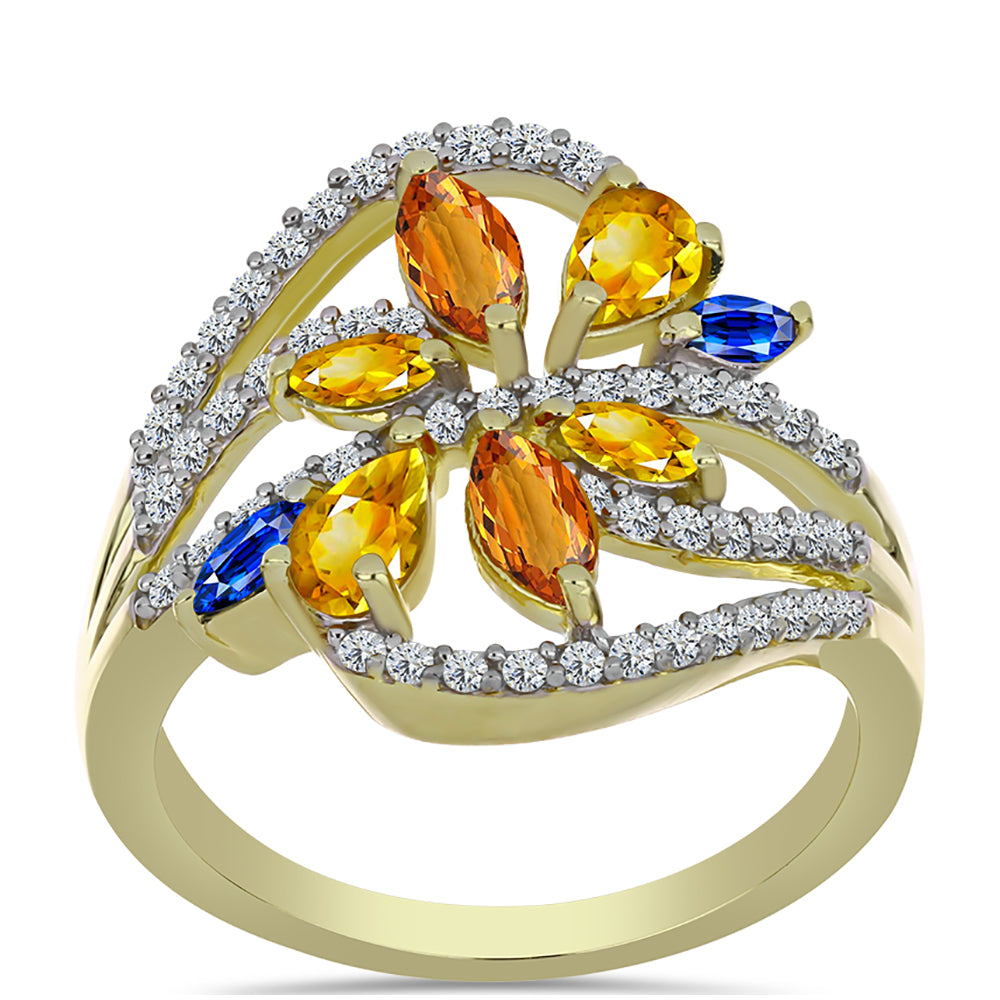 Anillo de Plata Bañada en Oro con Zafiro Arco Iris Rosebery y Topacio Blanco 3 