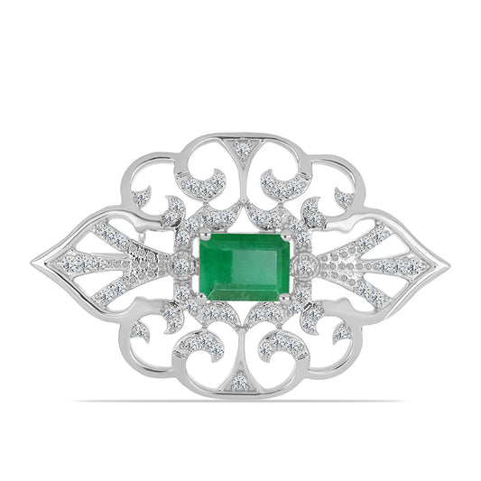 Broche de Plata con Esmeralda de Brasil y Topacio Blanco