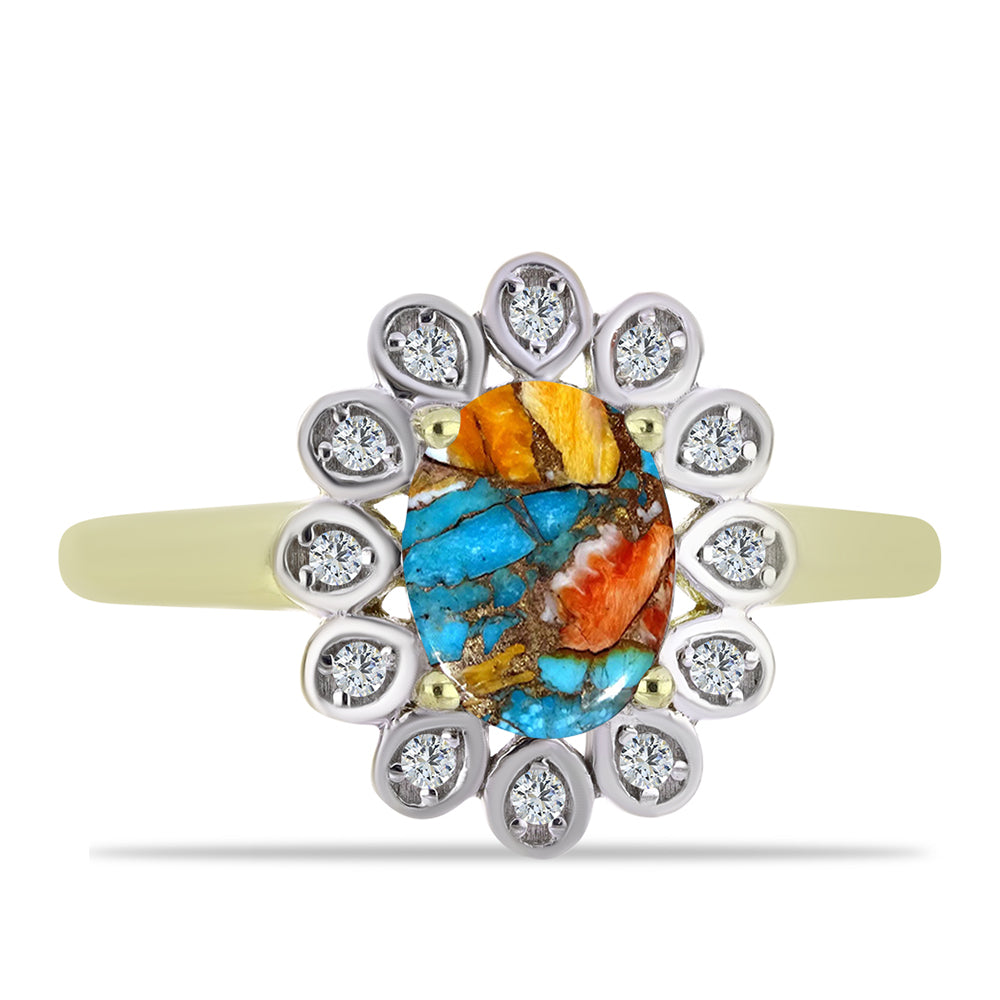 Anillo de Plata Bañada en Oro con Turquesa Ostra y Topacio Blanco 1 