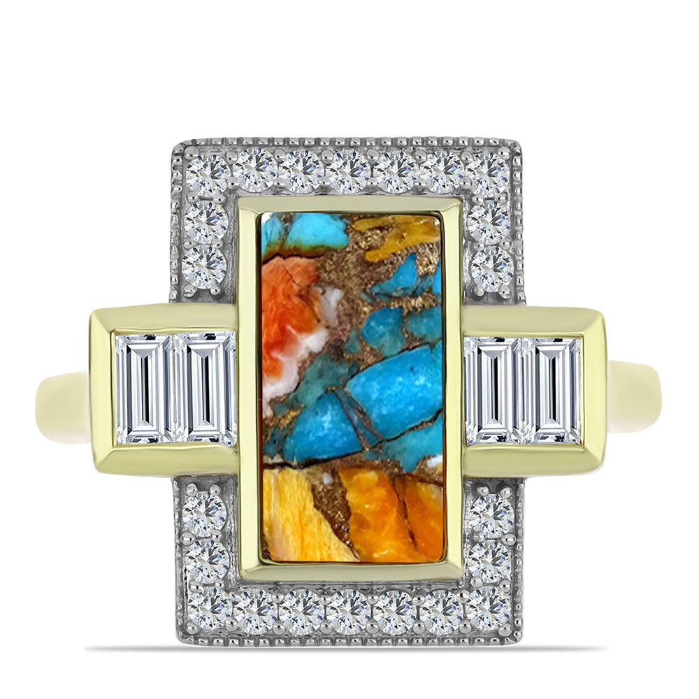 Anillo de Plata Bañada en Oro con Turquesa Ostra y Topacio Blanco