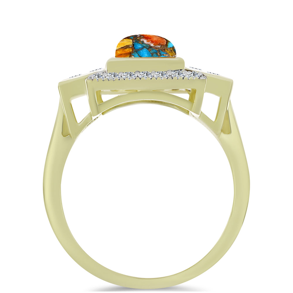Anillo de Plata Bañada en Oro con Turquesa Ostra y Topacio Blanco