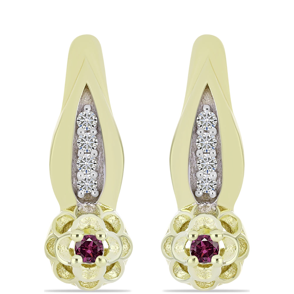 Pendientes de Plata Bañada en Oro con Diamante Púrpura y Diamante blanco
