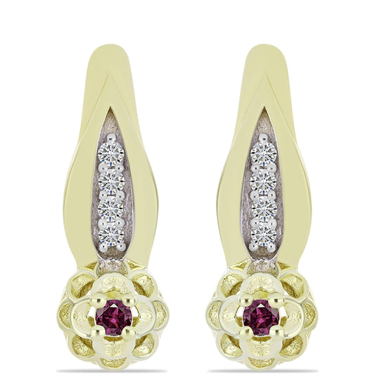 Pendientes de Plata Bañada en Oro con Diamante Púrpura y Diamante blanco