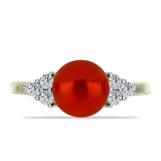 Anillo de Plata Bañada en Oro con Perla roja de río y Topacio Blanco