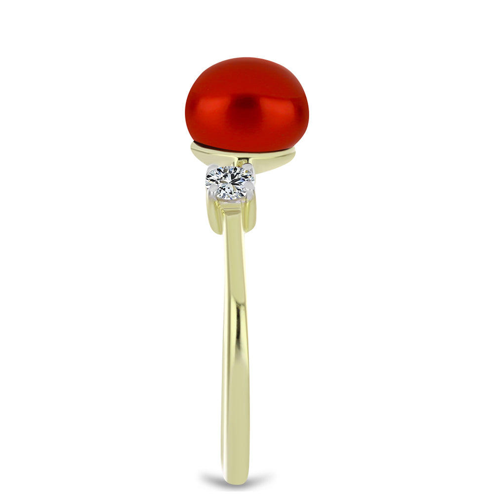 Anillo de Plata Bañada en Oro con Perla roja de río y Topacio Blanco