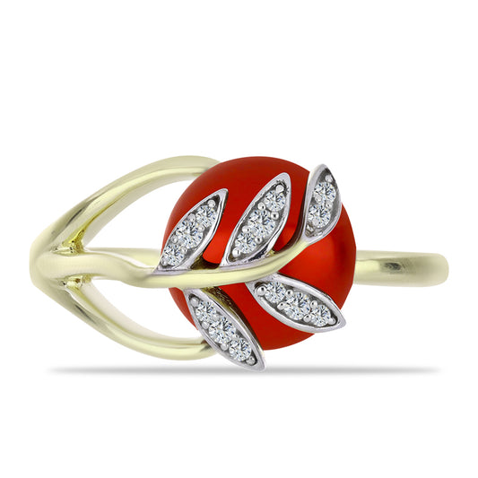 Anillo de Plata Bañada en Oro con Perla roja de río y Topacio Blanco