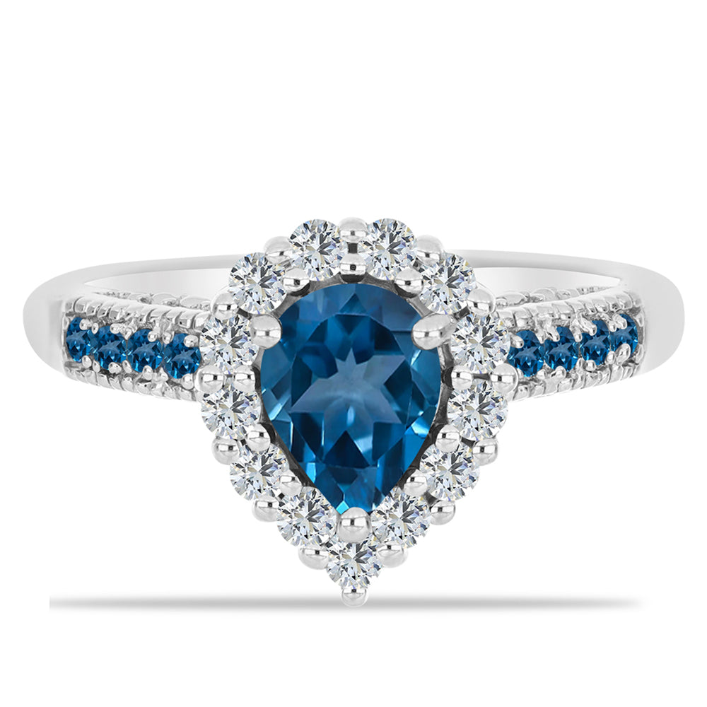 Anillo de Plata con Topacio Azul Londres y Topacio Blanco