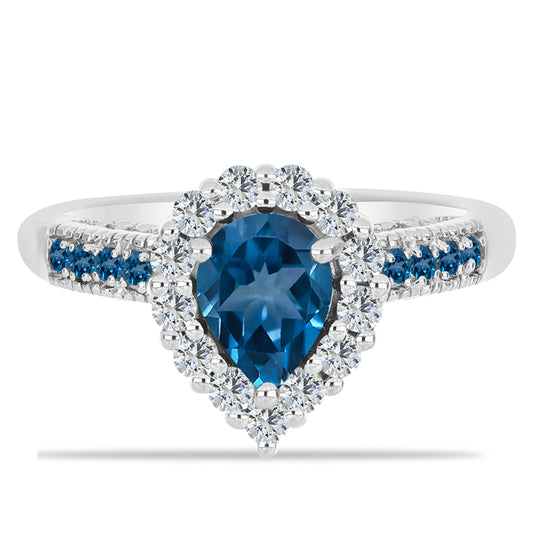 Anillo de Plata con Topacio Azul Londres y Topacio Blanco