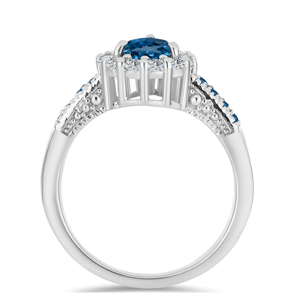 Anillo de Plata con Topacio Azul Londres y Topacio Blanco 2 
