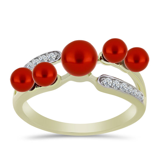 Anillo de Plata Bañada en Oro con Perla roja de río y Topacio Blanco