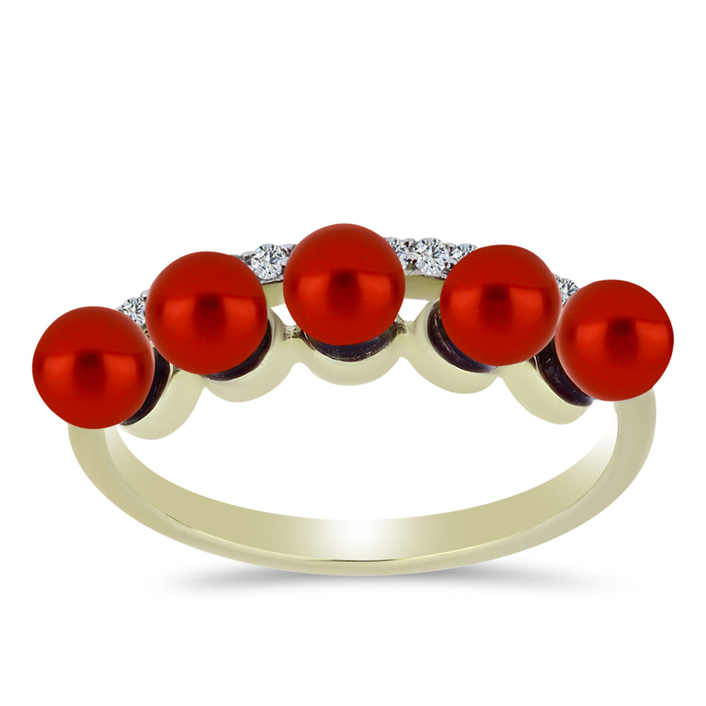 Anillo de Plata Bañada en Oro con Perla roja de río y Topacio Blanco 1 