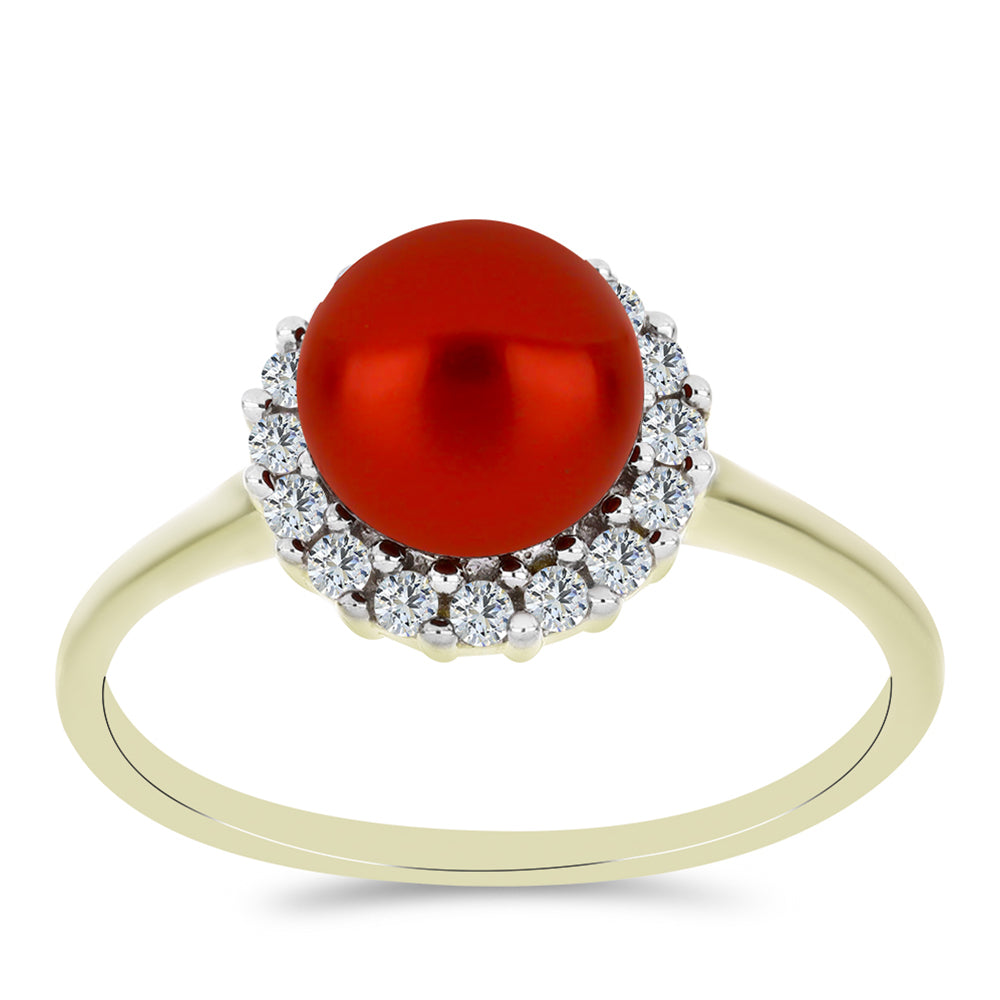 Anillo de Plata Bañada en Oro con Perla roja de río y Topacio Blanco 3 