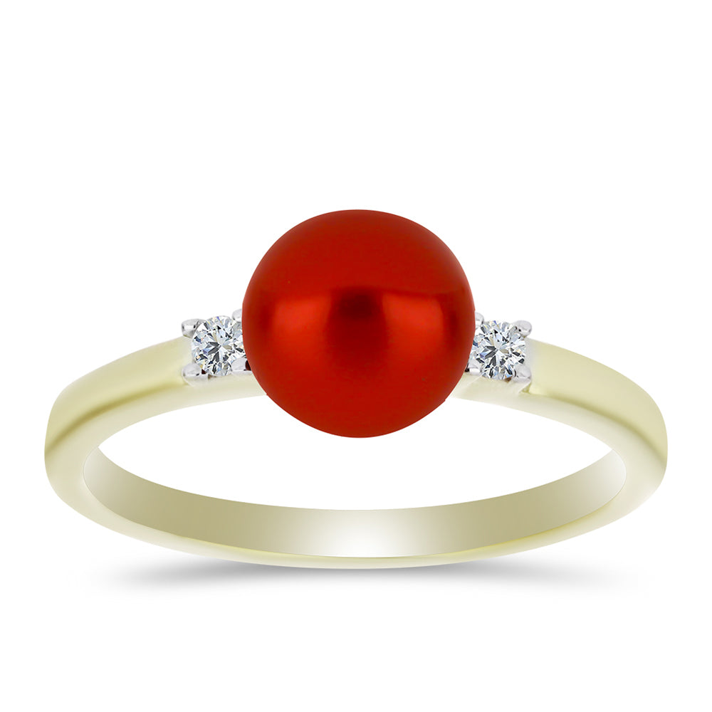 Anillo de Plata Bañada en Oro con Perla roja de río y Topacio Blanco