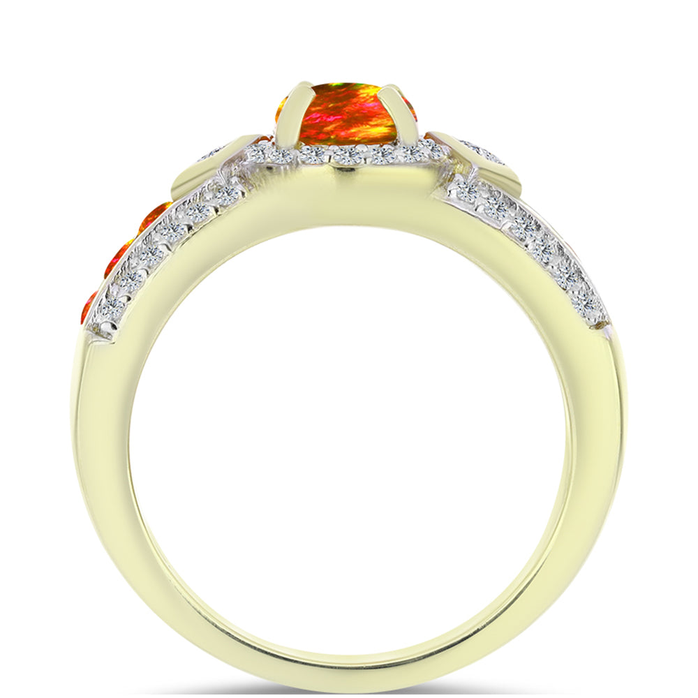 Anillo de Plata Bañada en Oro con Ópalo de fuego americano y Topacio Blanco