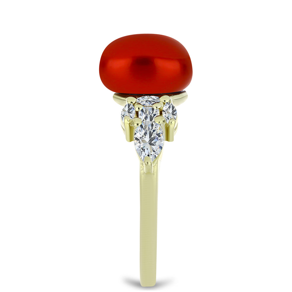 Anillo de Plata Bañada en Oro con Perla roja de río y Topacio Blanco 4 