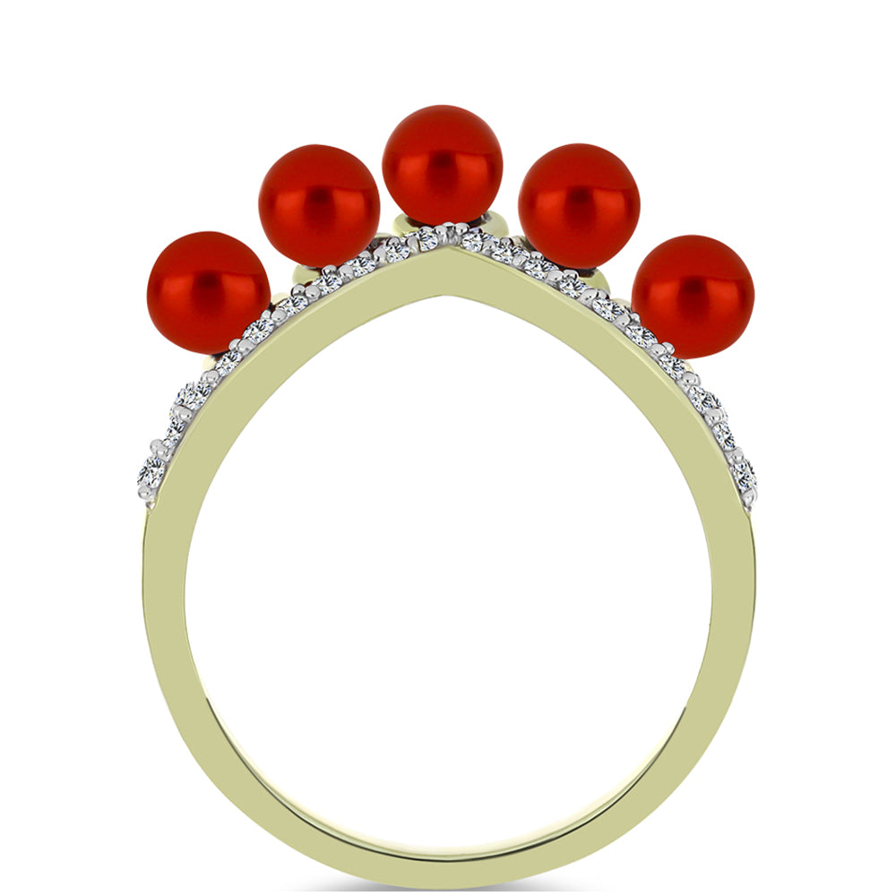 Anillo de Plata Bañada en Oro con Perla roja de río y Topacio Blanco 2 