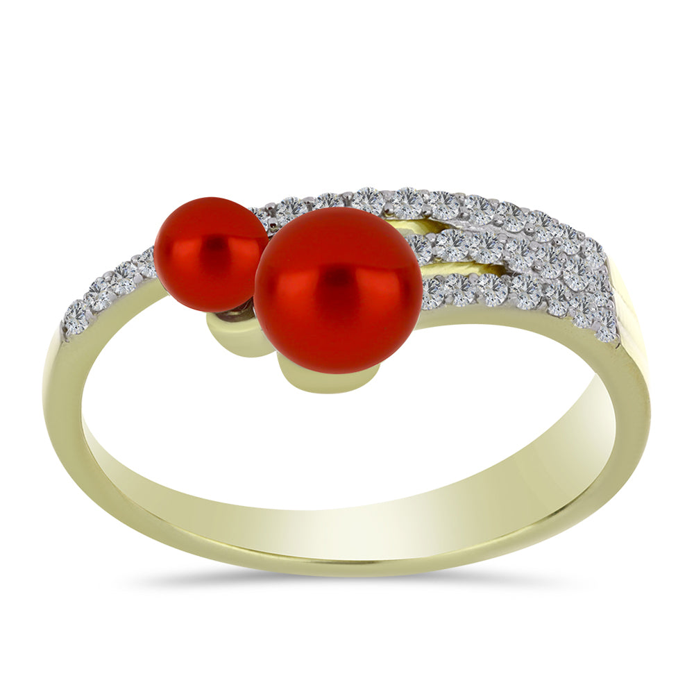 Anillo de Plata Bañada en Oro con Perla roja de río y Topacio Blanco