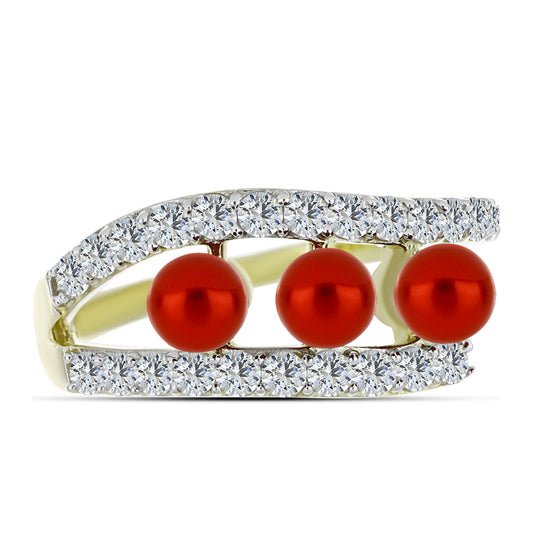Anillo de Plata Bañada en Oro con Perla roja de río y Topacio Blanco