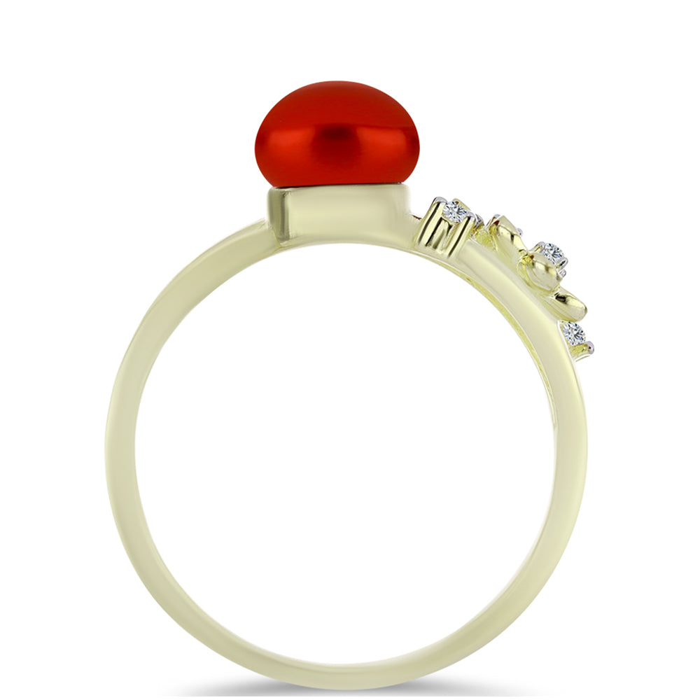 Anillo de Plata Bañada en Oro con Perla roja de río y Topacio Blanco 2 