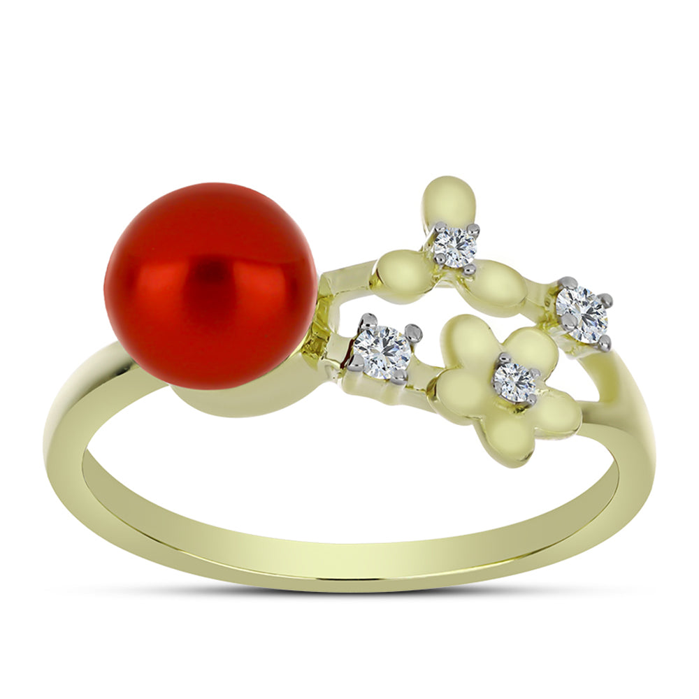 Anillo de Plata Bañada en Oro con Perla roja de río y Topacio Blanco 3 
