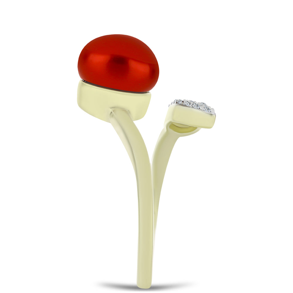 Anillo de Plata Bañada en Oro con Perla roja de río y Topacio Blanco 4 