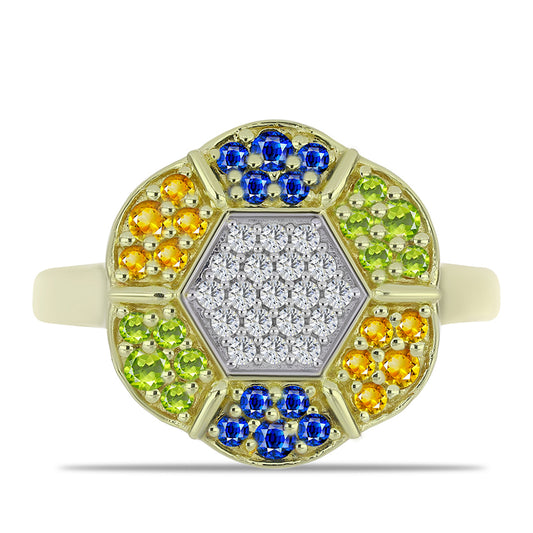 Anillo de Plata Bañada en Oro con Zafiro Arco Iris Rosebery y Topacio Blanco