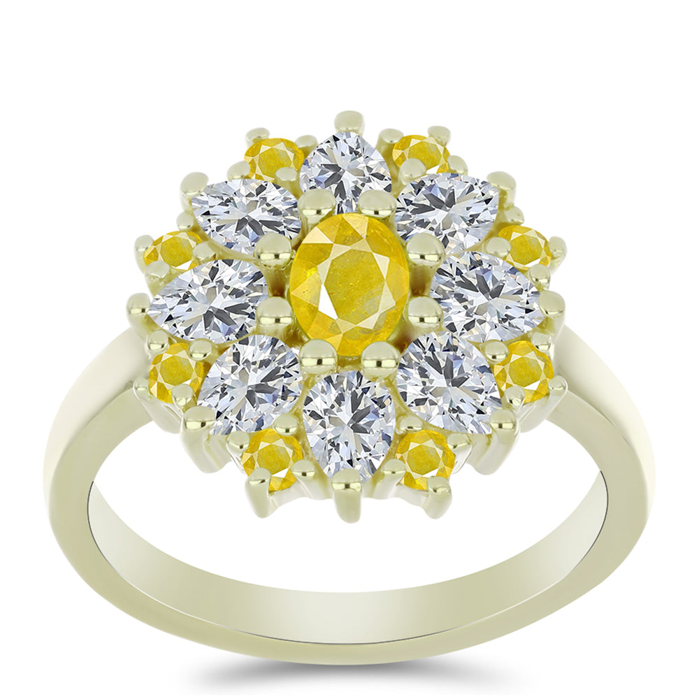 Anillo de Plata Bañada en Oro con Zafiro Amarillo Rosebery y Topacio Blanco