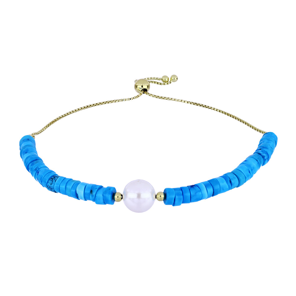 Pulsera de Plata Bañada en Oro con Turquesa Bella Durmiente y Perla de Agua Dulce