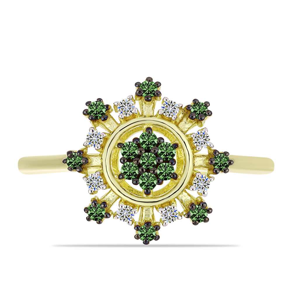 Anillo de Plata Bañada en Oro con Diamante Verde y Diamante blanco