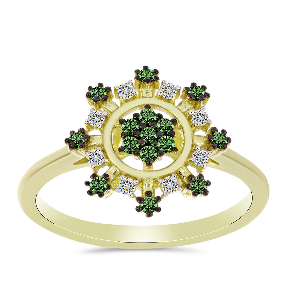Anillo de Plata Bañada en Oro con Diamante Verde y Diamante blanco 3 