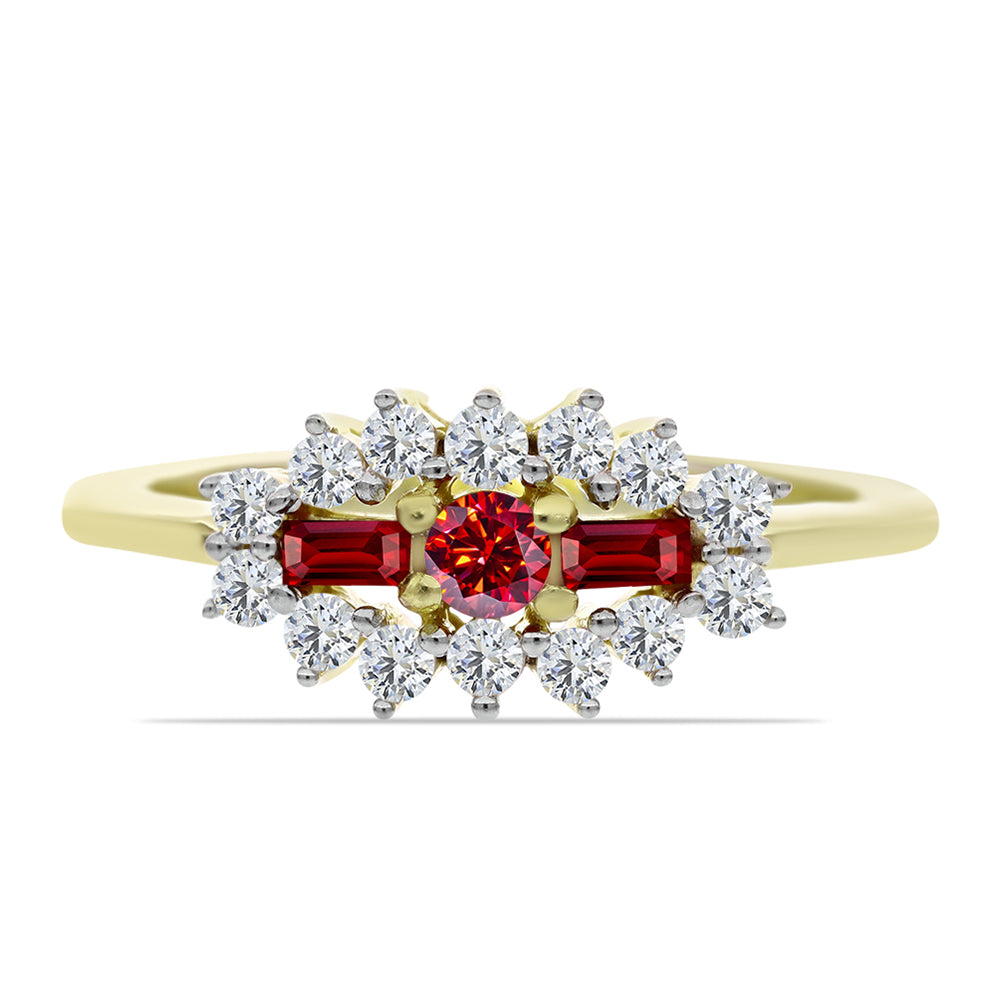 Anillo de Plata Bañada en Oro con Majestuosa moisanita roja y Topacio Blanco 1 