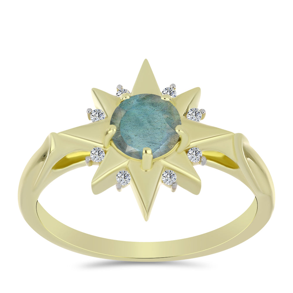 Anillo de Plata Bañada en Oro con Labradorita y Topacio Blanco 3 