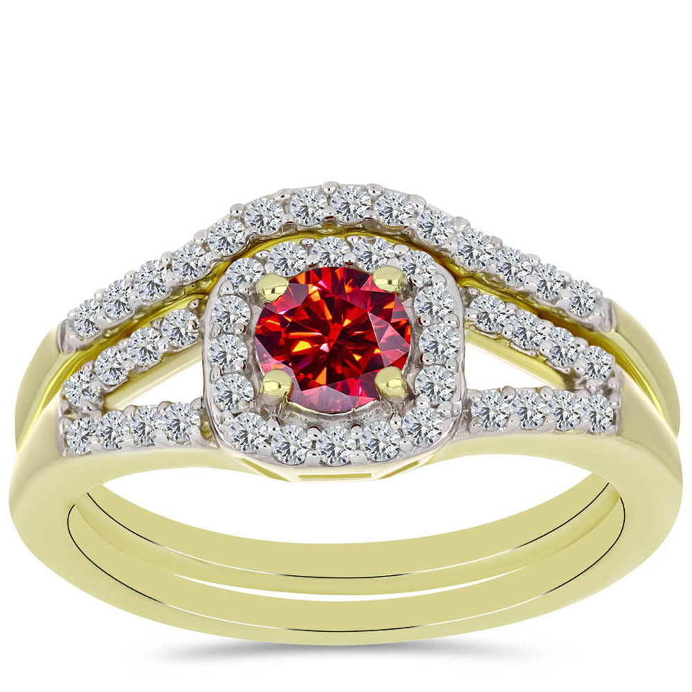 Anillo de Plata Bañada en Oro con Majestuosa moisanita roja y Topacio Blanco 3 