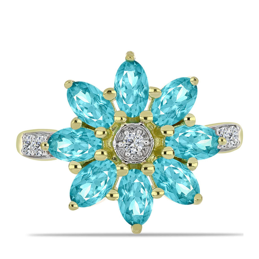 Anillo de Plata Bañada en Oro con Cuarzo Paraiba y Topacio Blanco 1 